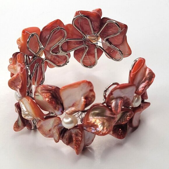 Coral Cuff Bracelet Freshwater Pearl and Mother Of Pearl Bangle NEW - Picture 3 of 8